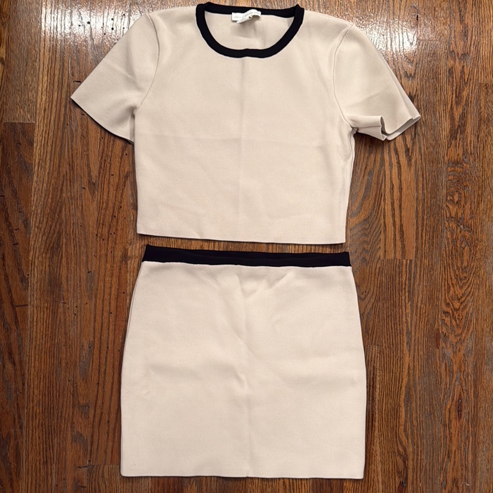 Two-Piece Cream Knit Crop Top & Skirt Set with Black Trim